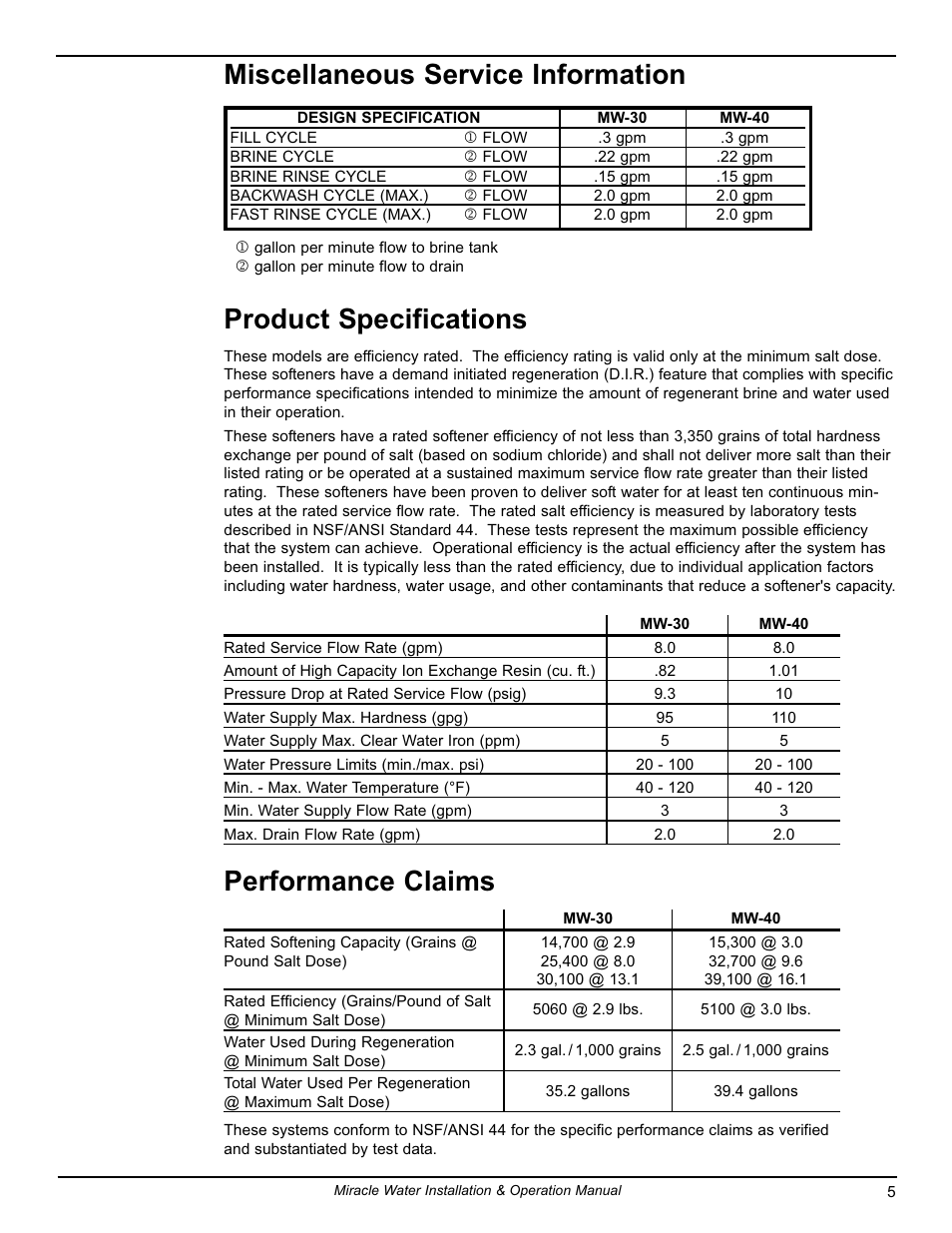 Product specifications, Performance claims, Miscellaneous service information | EcoPure MW_MW40_7333064B User Manual | Page 5 / 30