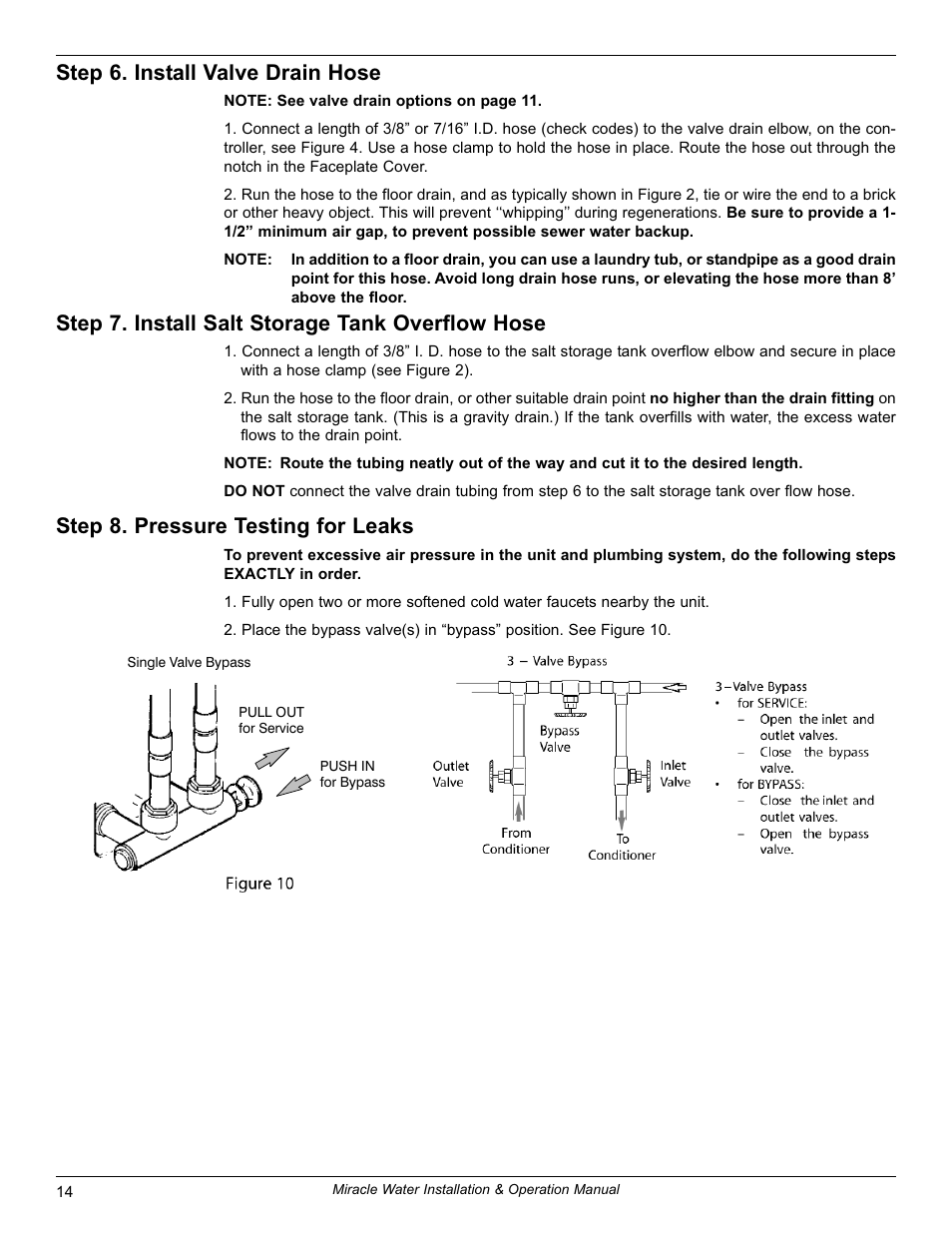 Step 6. install valve drain hose, Step 7. install salt storage tank overflow hose, Step 8. pressure testing for leaks | EcoPure MW_MW40_7316711D User Manual | Page 14 / 30