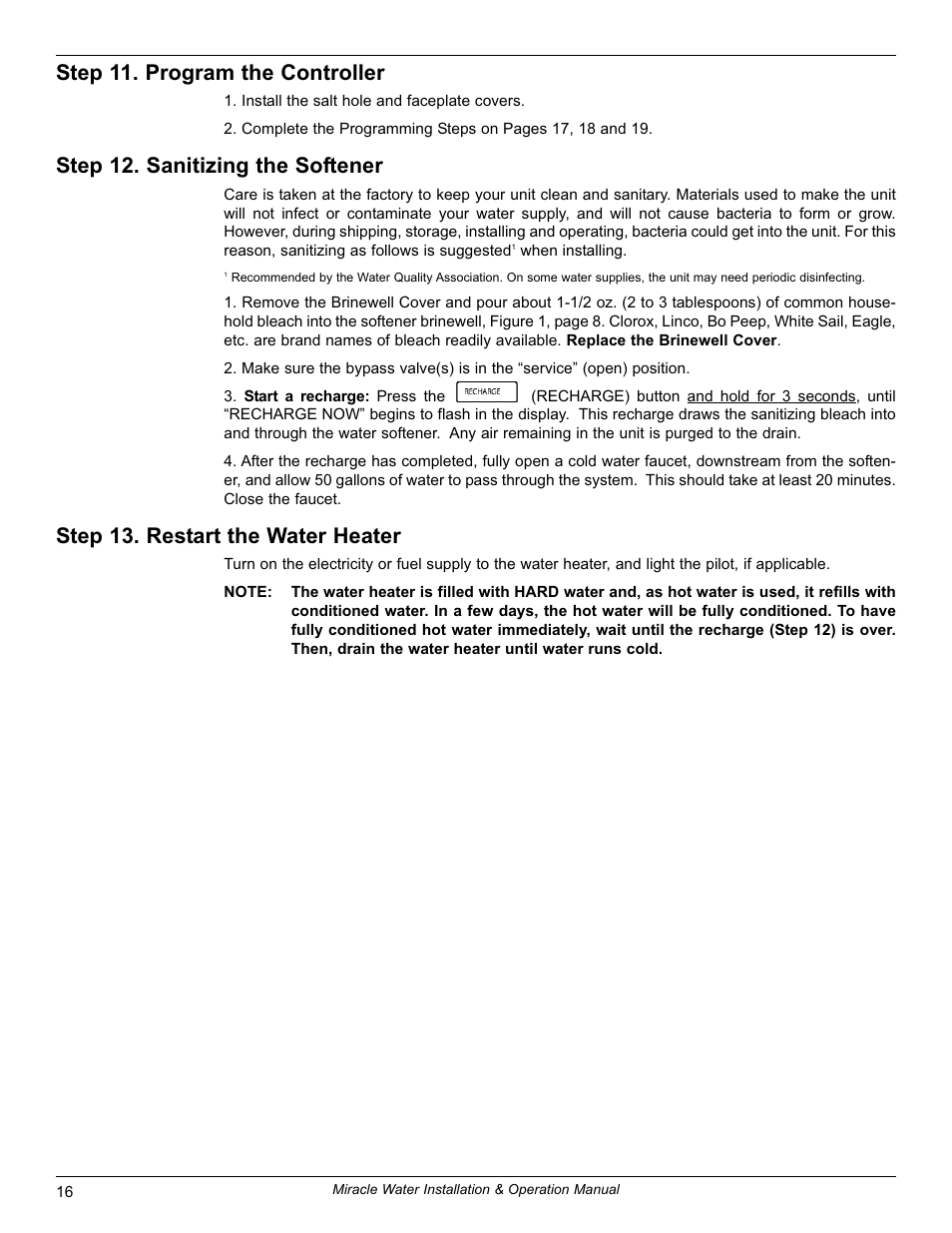 Step 13. restart the water heater | EcoPure MW_MW40_7316711D User Manual | Page 16 / 30