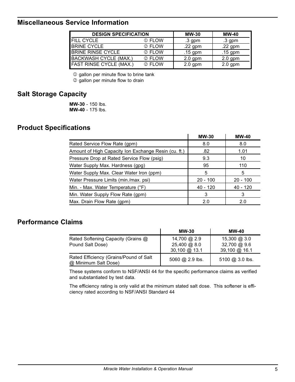 Miscellaneous service information, Salt storage capacity, Product specifications | Performance claims | EcoPure MW_MW40_7316711D User Manual | Page 5 / 30