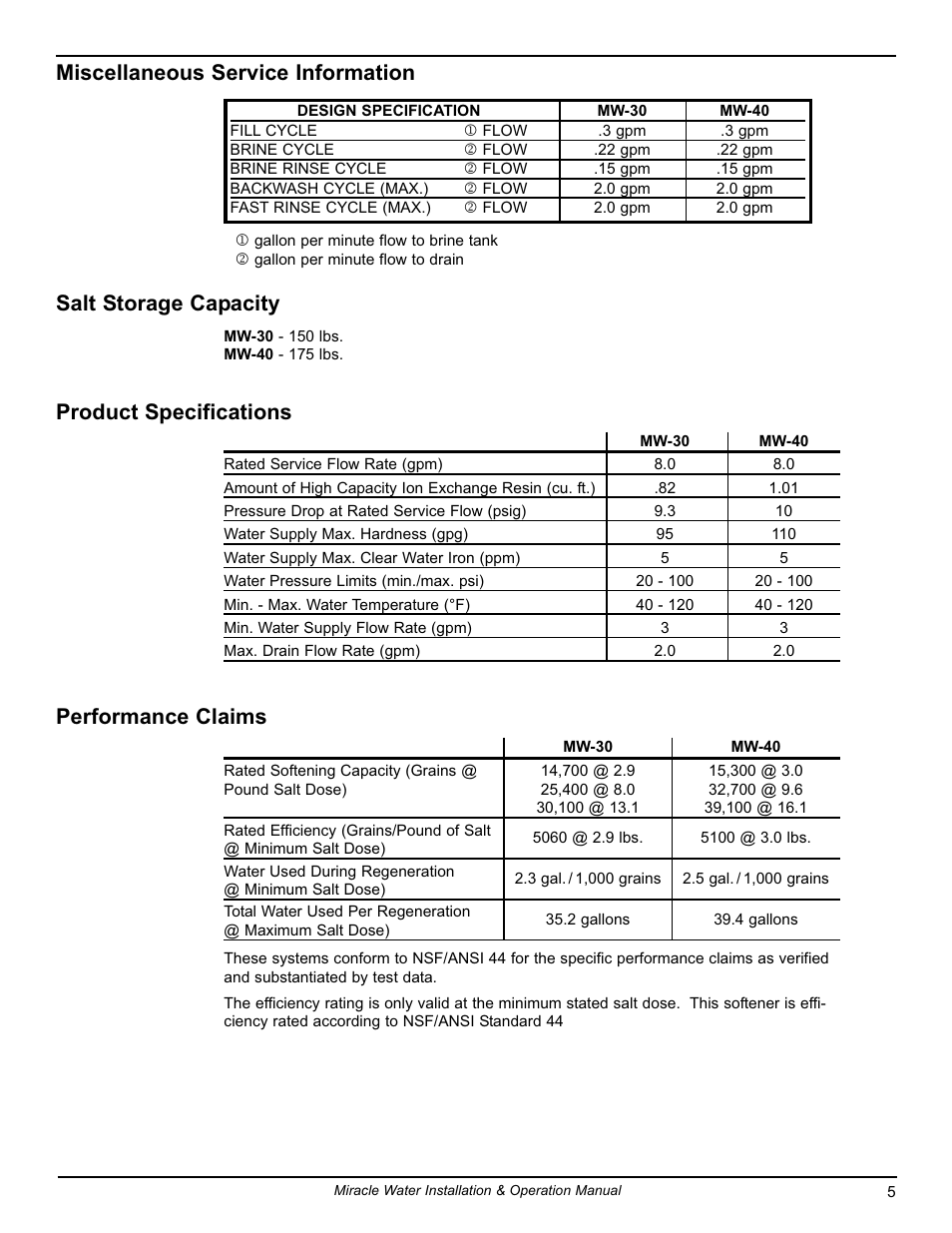 Miscellaneous service information, Salt storage capacity, Product specifications | Performance claims | EcoPure MW_MW40_7316711H User Manual | Page 5 / 30