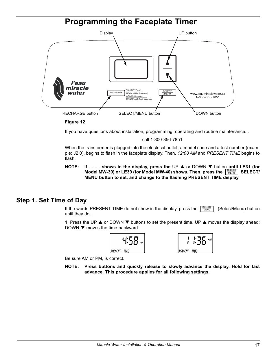 Programming the faceplate timer, Step 1. set time of day | EcoPure MW_MW40_7316711F User Manual | Page 17 / 30