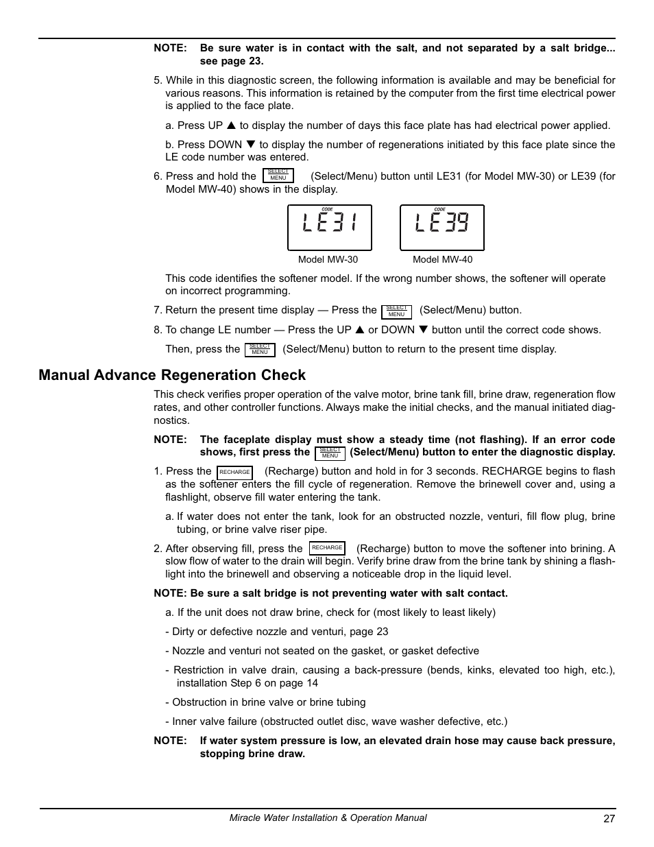 Manual advance regeneration check | EcoPure MW_MW40_7316711F User Manual | Page 27 / 30
