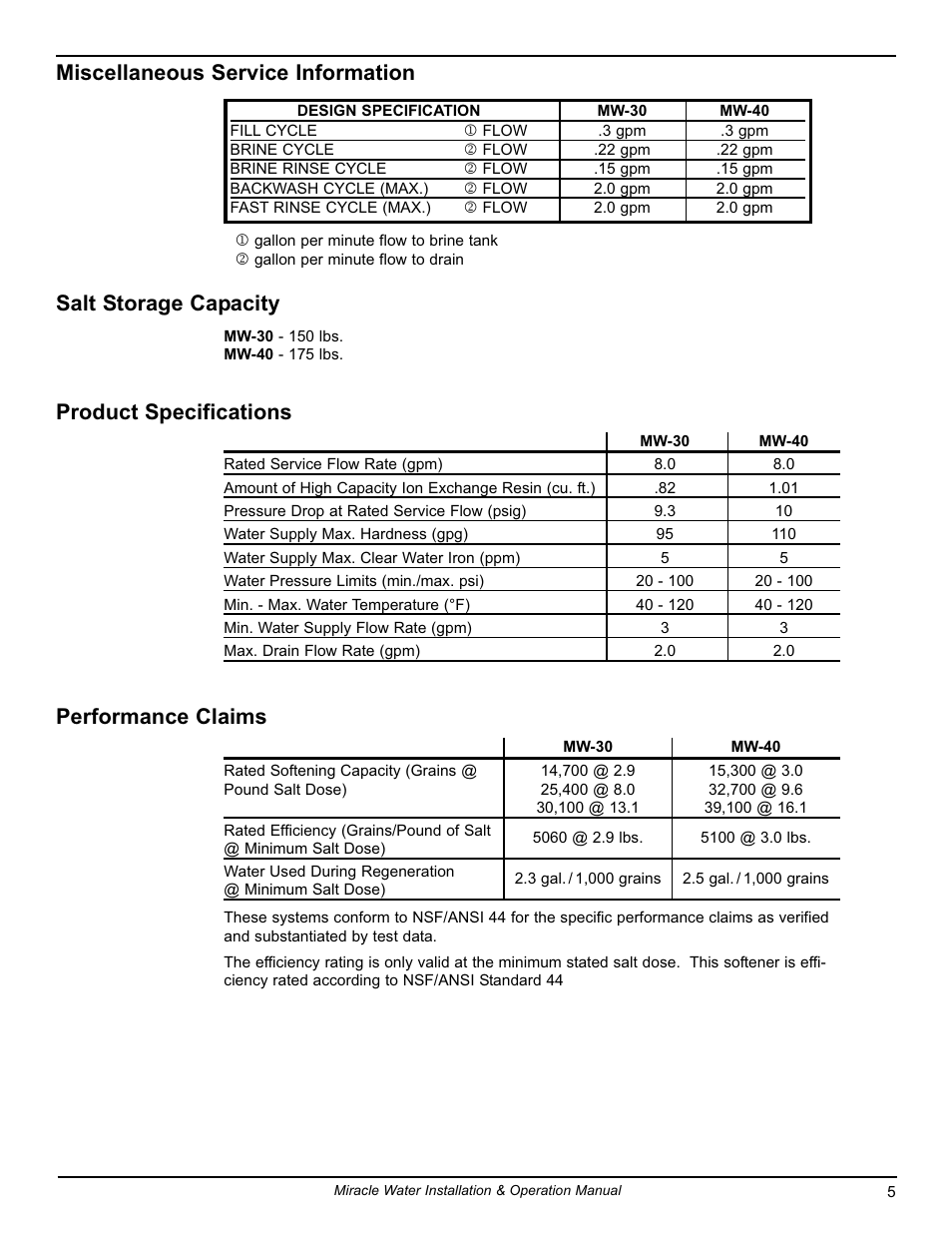 Miscellaneous service information, Salt storage capacity, Product specifications | Performance claims | EcoPure MW_MW40_7316711F User Manual | Page 5 / 30