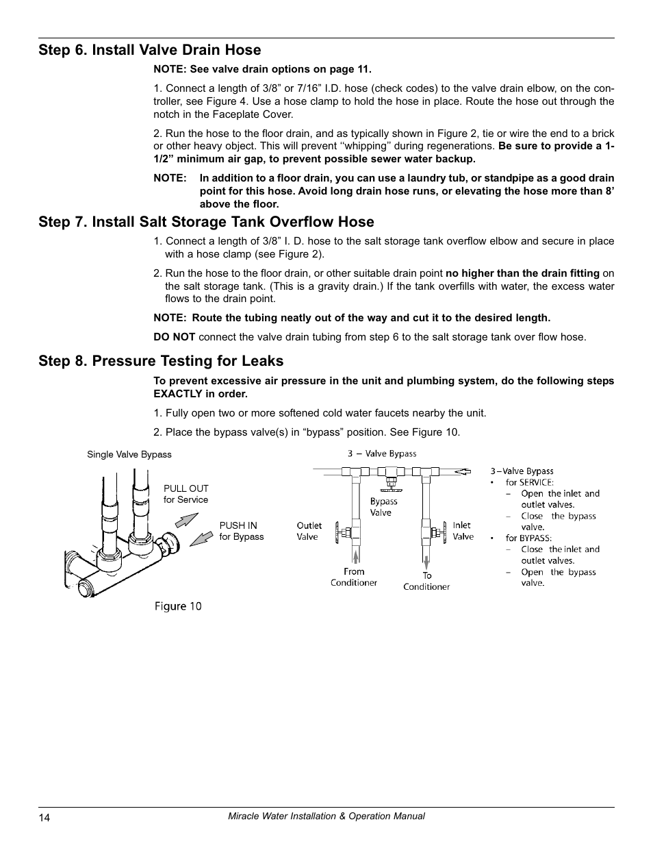 Step 6. install valve drain hose, Step 7. install salt storage tank overflow hose, Step 8. pressure testing for leaks | EcoPure MW_MW40_7316711C User Manual | Page 14 / 30