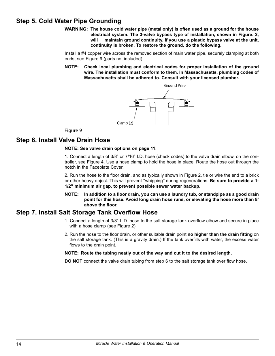 Step 5. cold water pipe grounding, Step 6. install valve drain hose, Step 7. install salt storage tank overflow hose | EcoPure MW_MW40_7316711A User Manual | Page 14 / 30