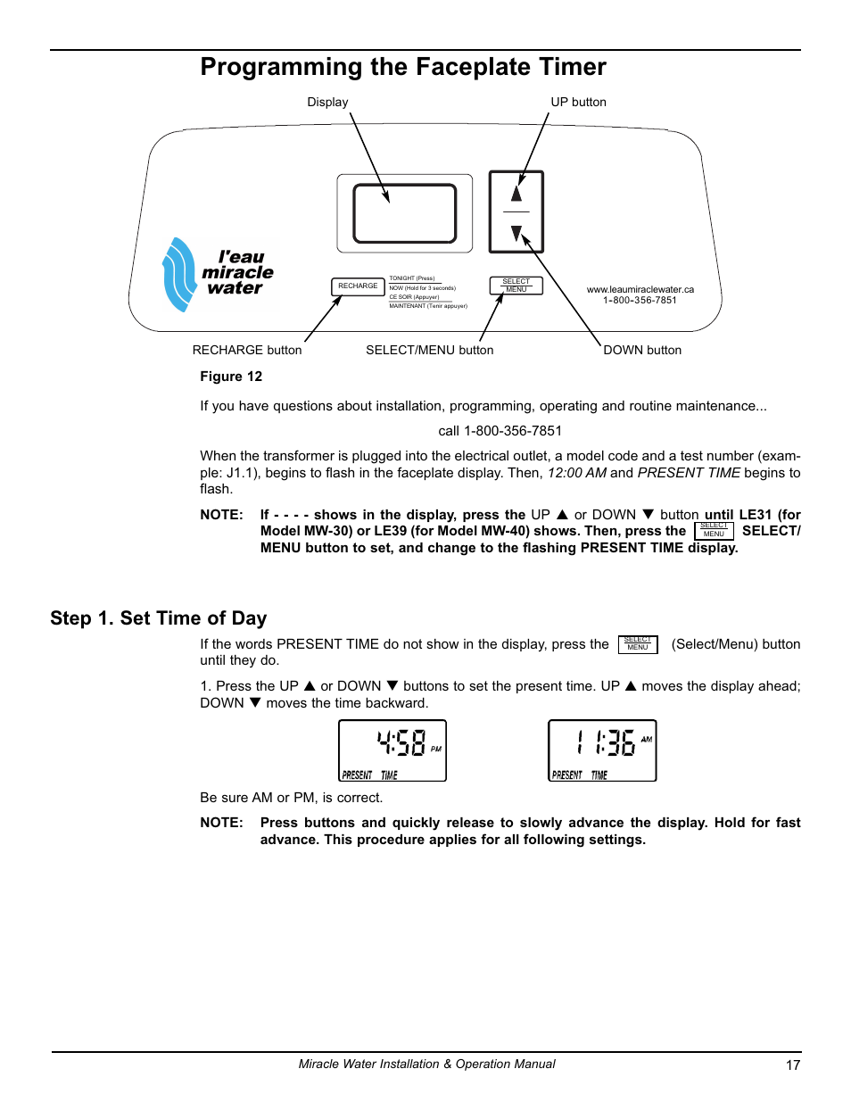 Programming the faceplate timer, Step 1. set time of day | EcoPure MW_MW40_7316711A User Manual | Page 17 / 30
