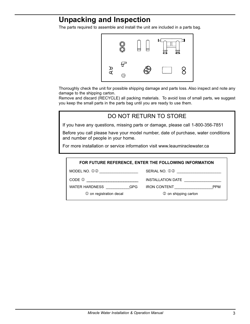 Unpacking and inspection, Do not return to store | EcoPure MW_MW40_7316711A User Manual | Page 3 / 30