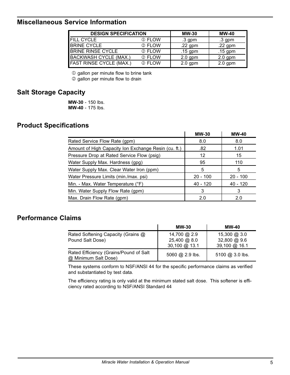 Miscellaneous service information, Salt storage capacity, Product specifications | Performance claims | EcoPure MW_MW40_7316711A User Manual | Page 5 / 30