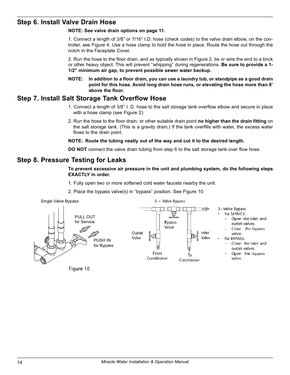 Step 6. install valve drain hose, Step 7. install salt storage tank overflow hose, Step 8. pressure testing for leaks | EcoPure MW_MW30_7339971B User Manual | Page 14 / 33