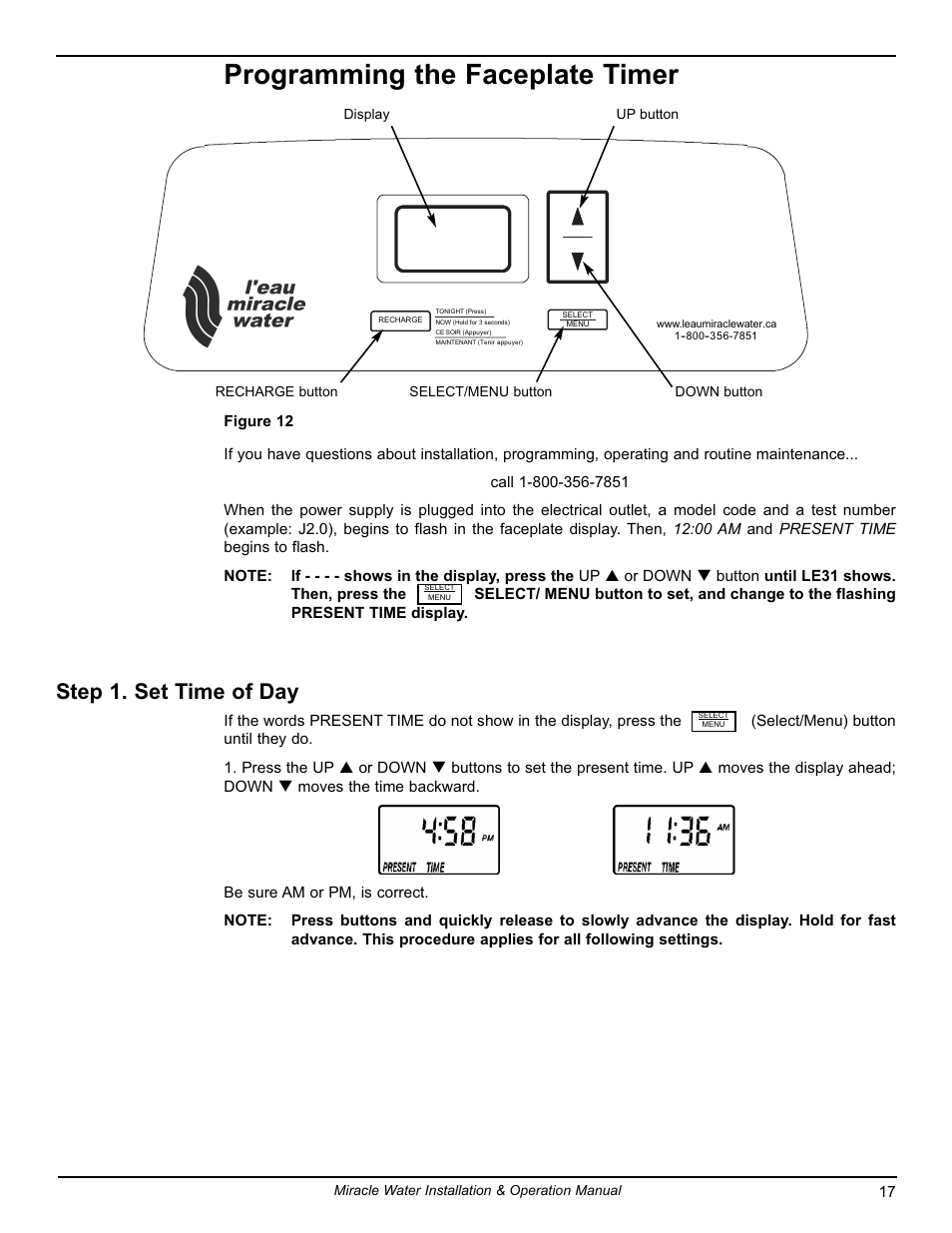 Programming the faceplate timer, Step 1. set time of day | EcoPure MW_MW30_7339971B User Manual | Page 17 / 33