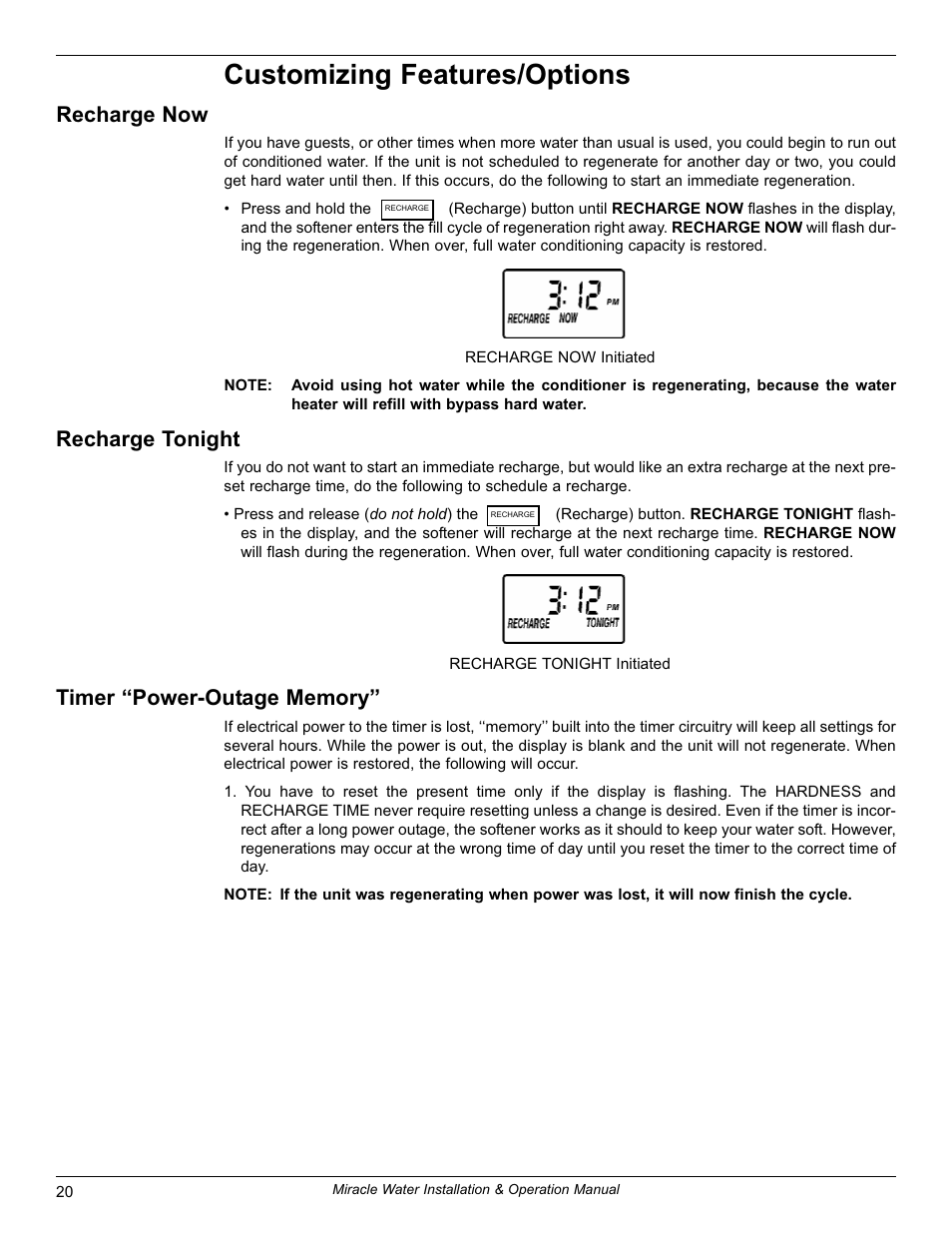 Customizing features/options, Recharge now, Recharge tonight | EcoPure MW_MW30_7339971B User Manual | Page 20 / 33