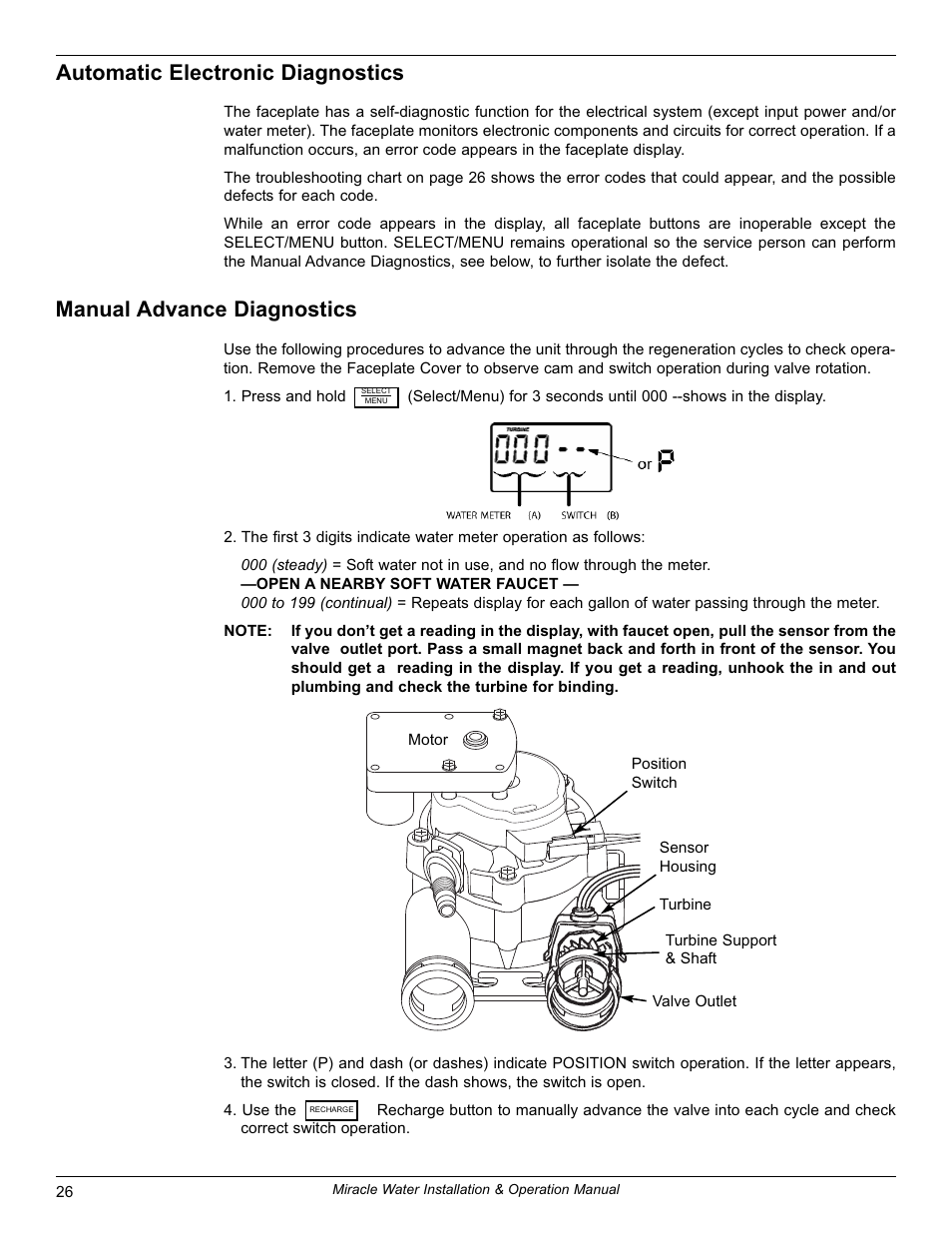 Automatic electronic diagnostics, Manual advance diagnostics | EcoPure MW_MW30_7339971B User Manual | Page 26 / 33
