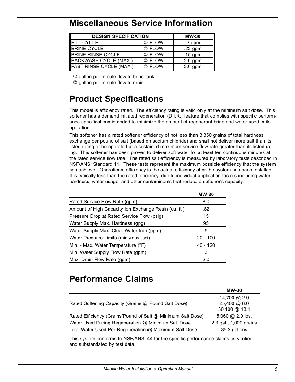 Product specifications, Performance claims, Miscellaneous service information | EcoPure MW_MW30_7339971B User Manual | Page 5 / 33