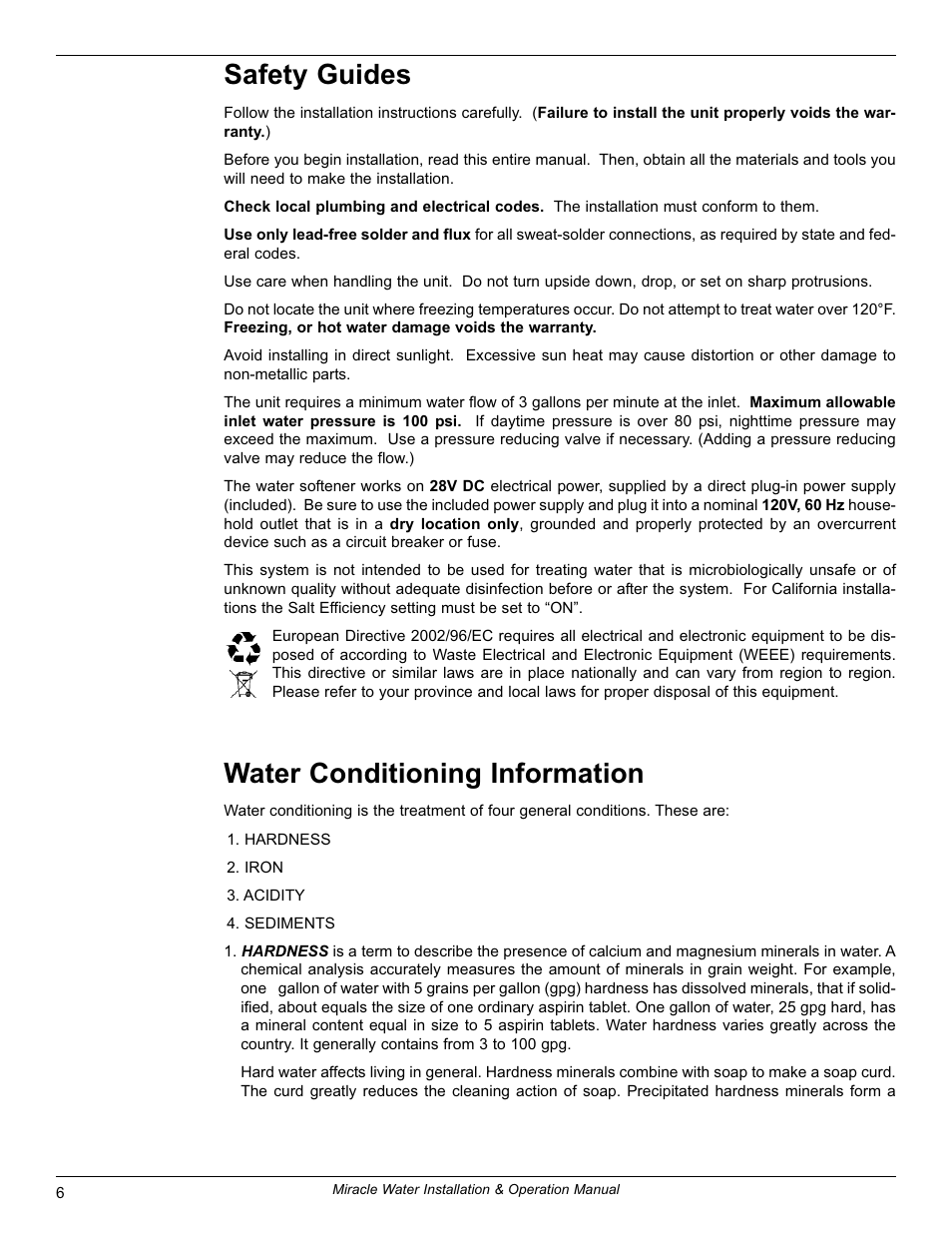 Safety guides, Water conditioning information | EcoPure MW_MW30_7339971B User Manual | Page 6 / 33
