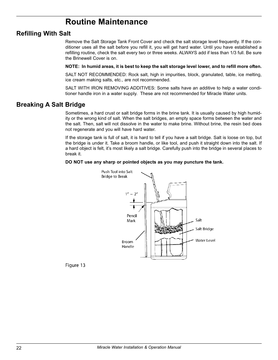 Routine maintenance, Refilling with salt, Breaking a salt bridge | EcoPure MW_MW30_7339971A User Manual | Page 22 / 33