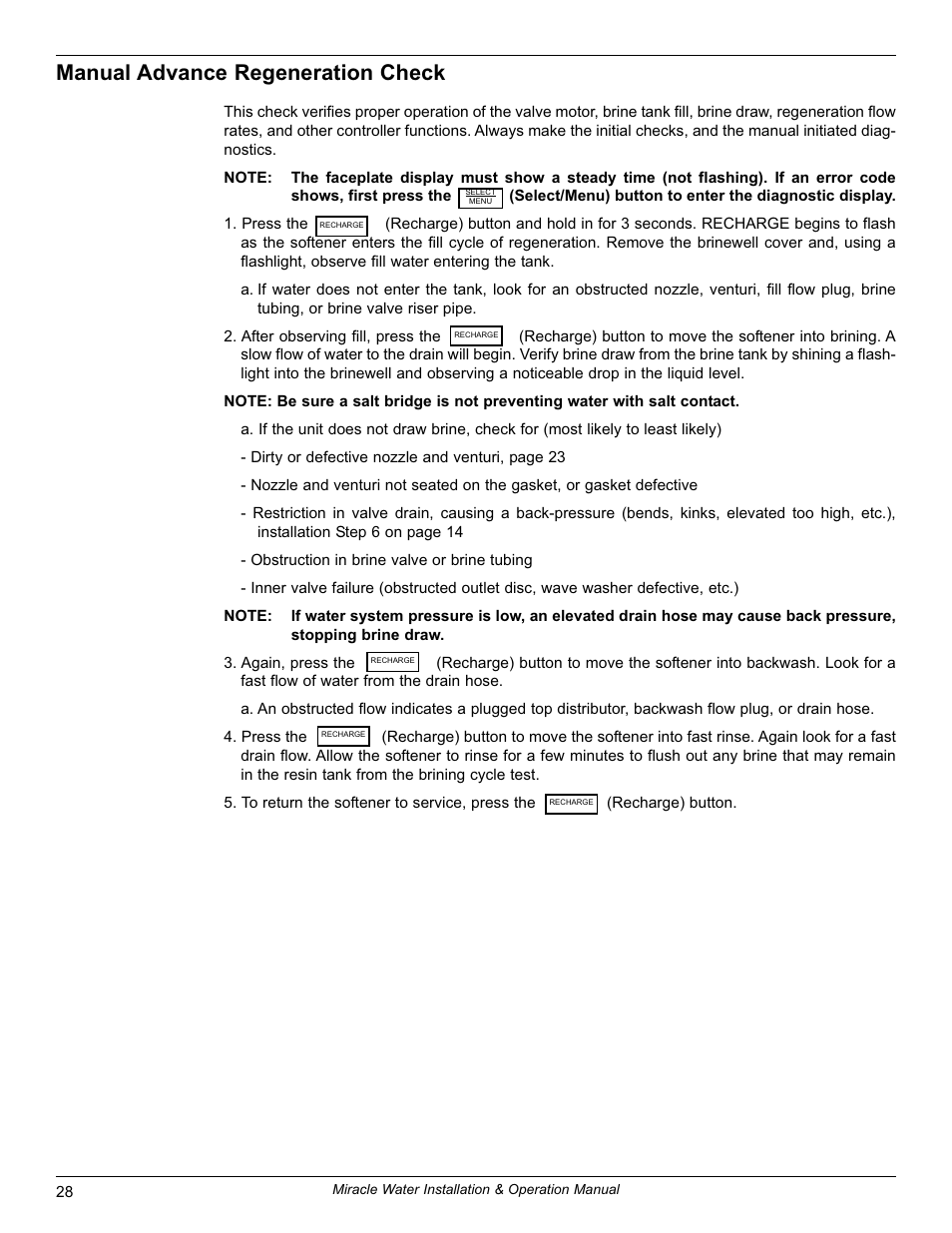 Manual advance regeneration check | EcoPure MW_MW30_7339971A User Manual | Page 28 / 33
