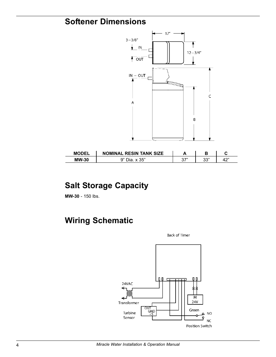 Softener dimensions, Wiring schematic salt storage capacity | EcoPure MW_MW30_7337539B User Manual | Page 4 / 30