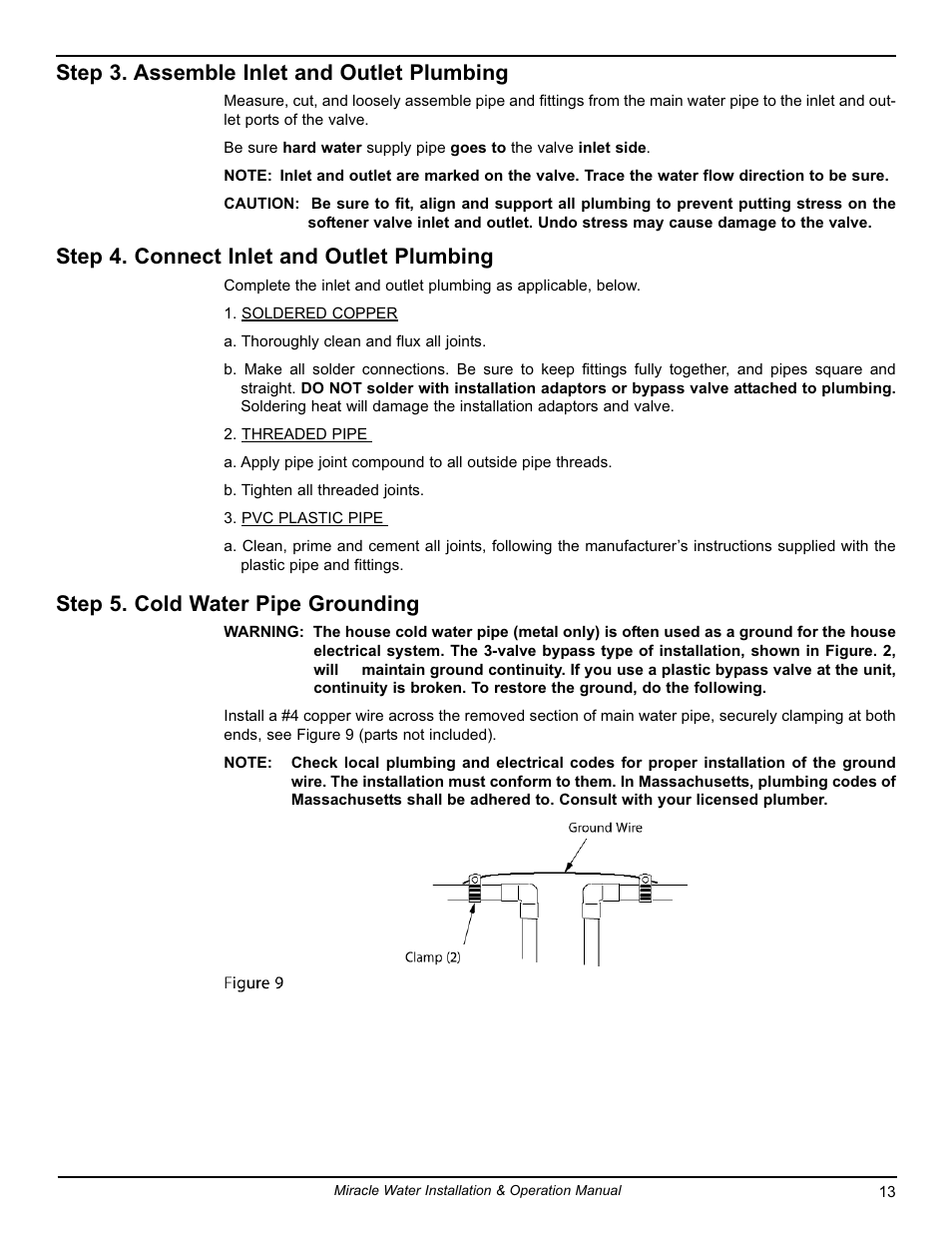 Step 3. assemble inlet and outlet plumbing, Step 4. connect inlet and outlet plumbing, Step 5. cold water pipe grounding | EcoPure MW_MW30_7337539A User Manual | Page 13 / 30