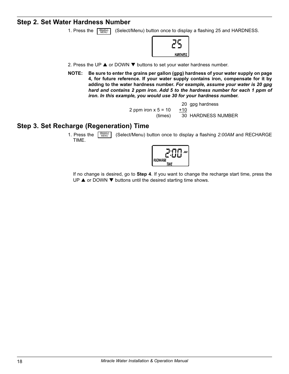 Step 2. set water hardness number, Step 3. set recharge (regeneration) time | EcoPure MW_MW30_7337539A User Manual | Page 18 / 30