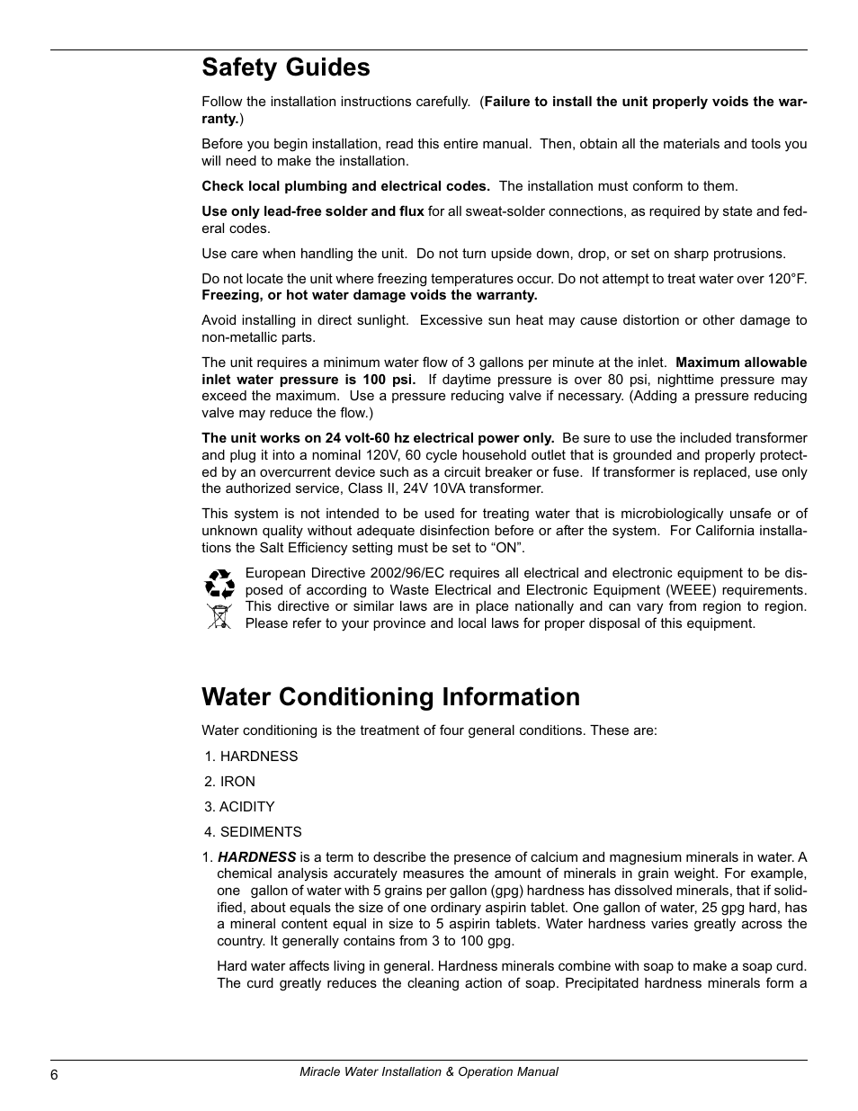 Safety guides, Water conditioning information | EcoPure MW_MW30_7337539A User Manual | Page 6 / 30