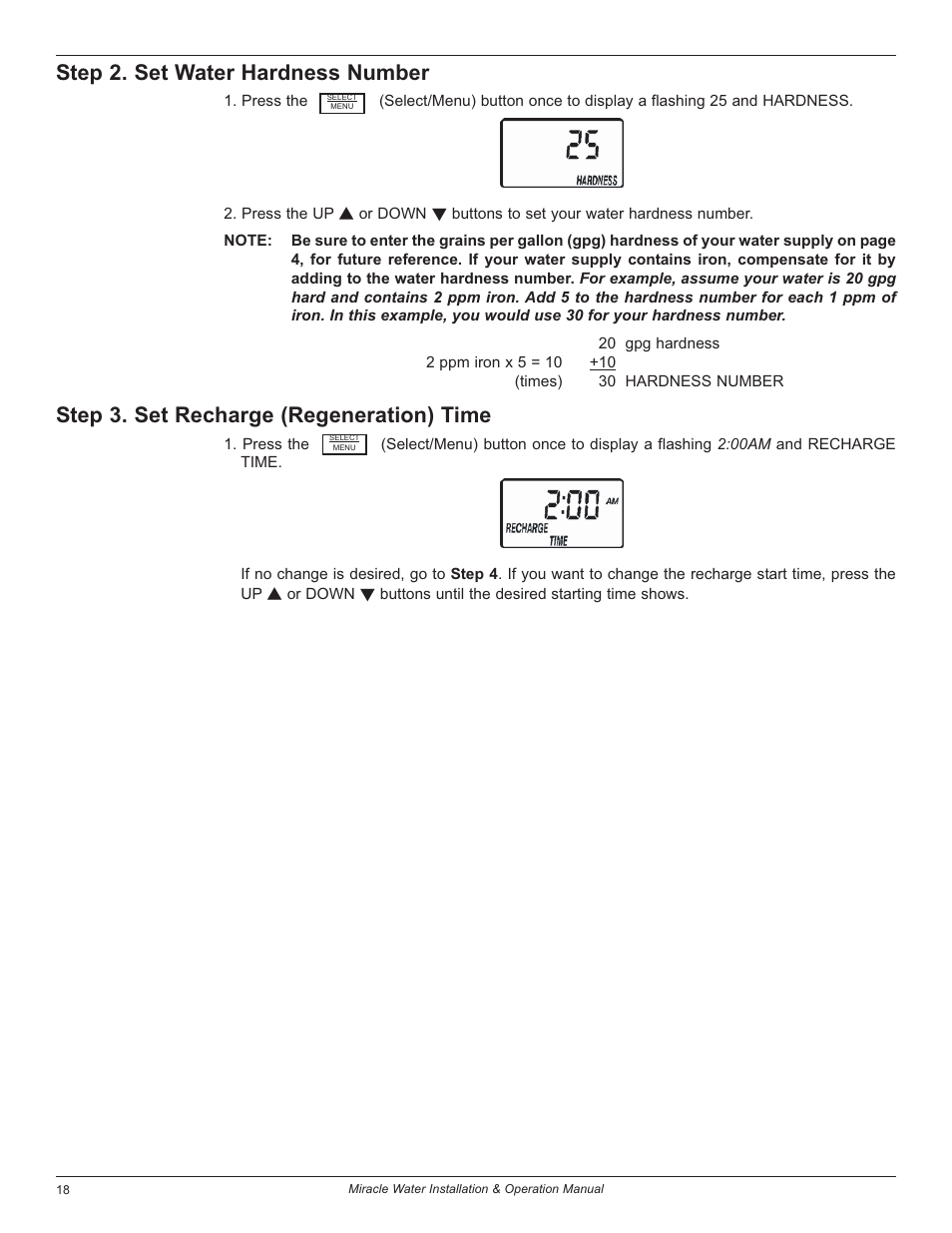 Step 2. set water hardness number, Step 3. set recharge (regeneration) time | EcoPure MW_MW30_7301415D User Manual | Page 18 / 30