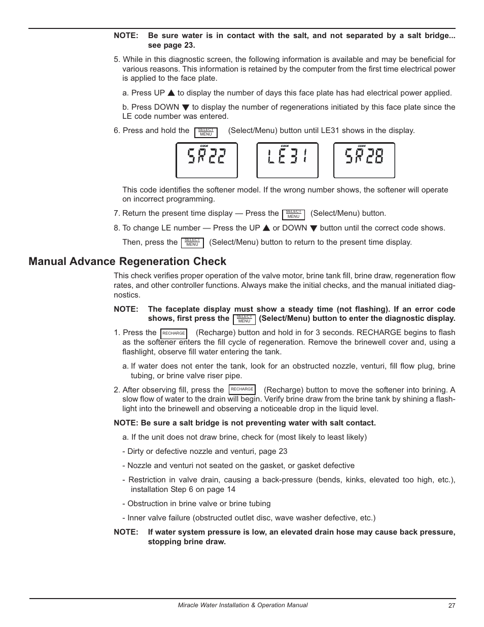Manual advance regeneration check | EcoPure MW_MW30_7301415D User Manual | Page 27 / 30