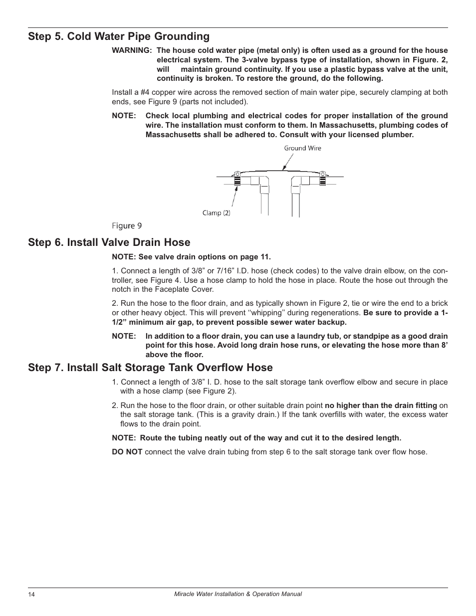 Step 5. cold water pipe grounding, Step 6. install valve drain hose, Step 7. install salt storage tank overflow hose | EcoPure MW_MW30_7301415A User Manual | Page 14 / 30
