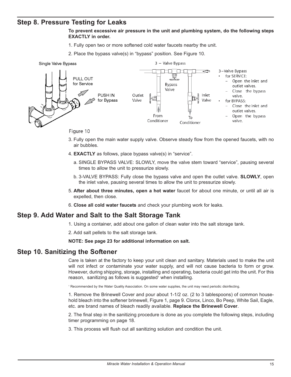 Step 8. pressure testing for leaks, Step 10. sanitizing the softener | EcoPure MW_MW30_7301415A User Manual | Page 15 / 30