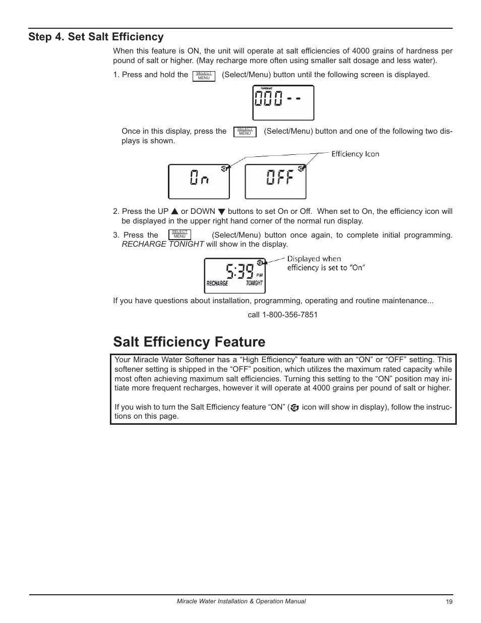 Salt efficiency feature, Step 4. set salt efficiency | EcoPure MW_MW30_7301415A User Manual | Page 19 / 30