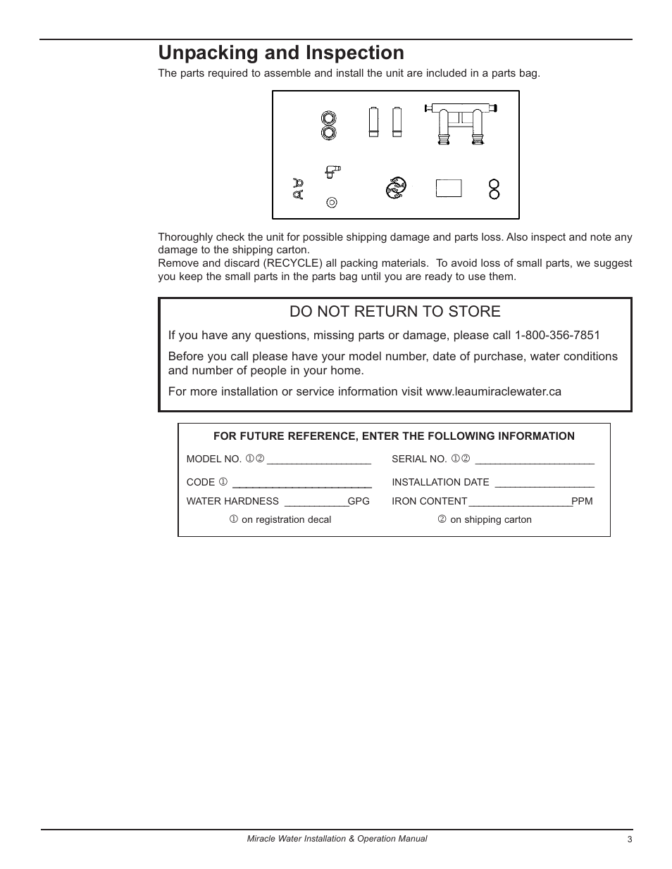Unpacking and inspection, Do not return to store | EcoPure MW_MW30_7301415A User Manual | Page 3 / 30