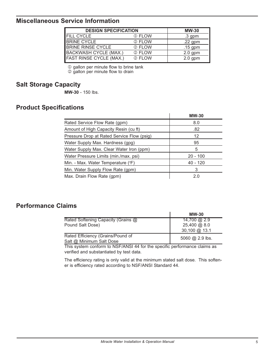 Miscellaneous service information, Salt storage capacity, Product specifications | Performance claims | EcoPure MW_MW30_7301415A User Manual | Page 5 / 30