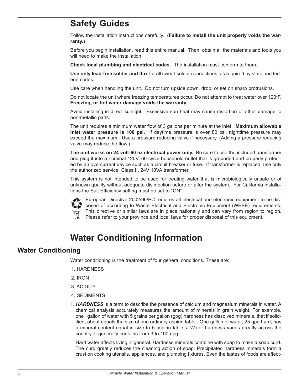 Safety guides, Water conditioning information, Water conditioning | EcoPure MW_MW30_7301415A User Manual | Page 6 / 30