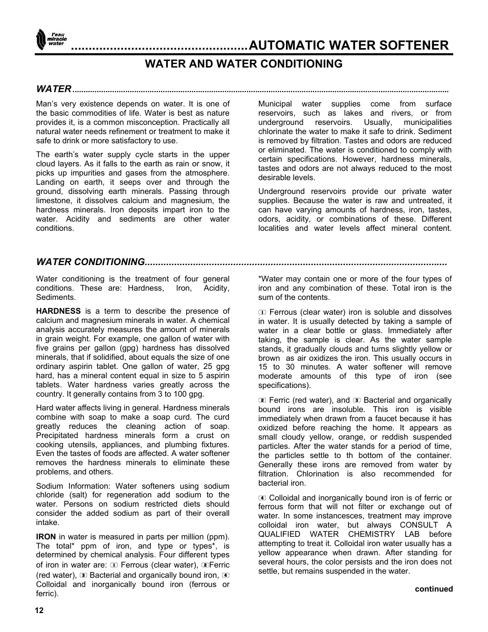 Automatic water softener, Water and water conditioning | EcoPure MW_MW40_450216A User Manual | Page 12 / 31