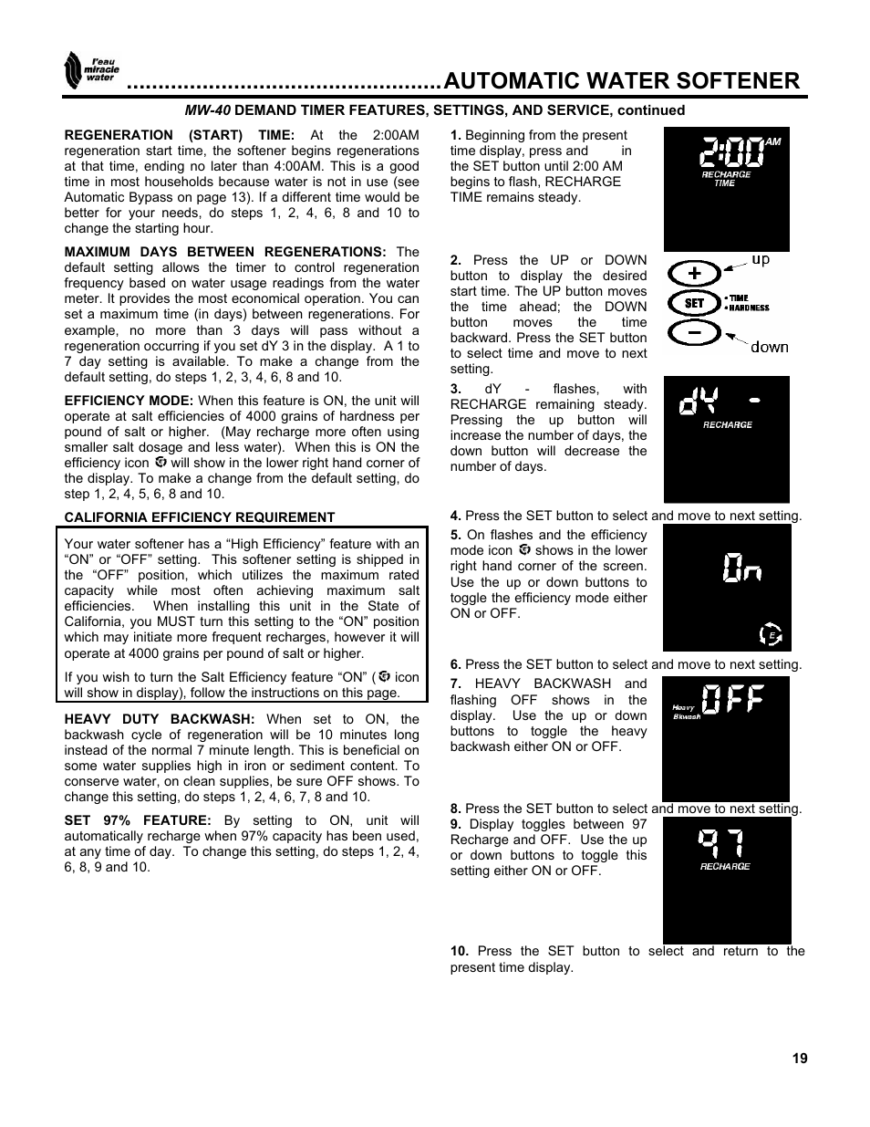 Automatic water softener | EcoPure MW_MW40_450216A User Manual | Page 19 / 31