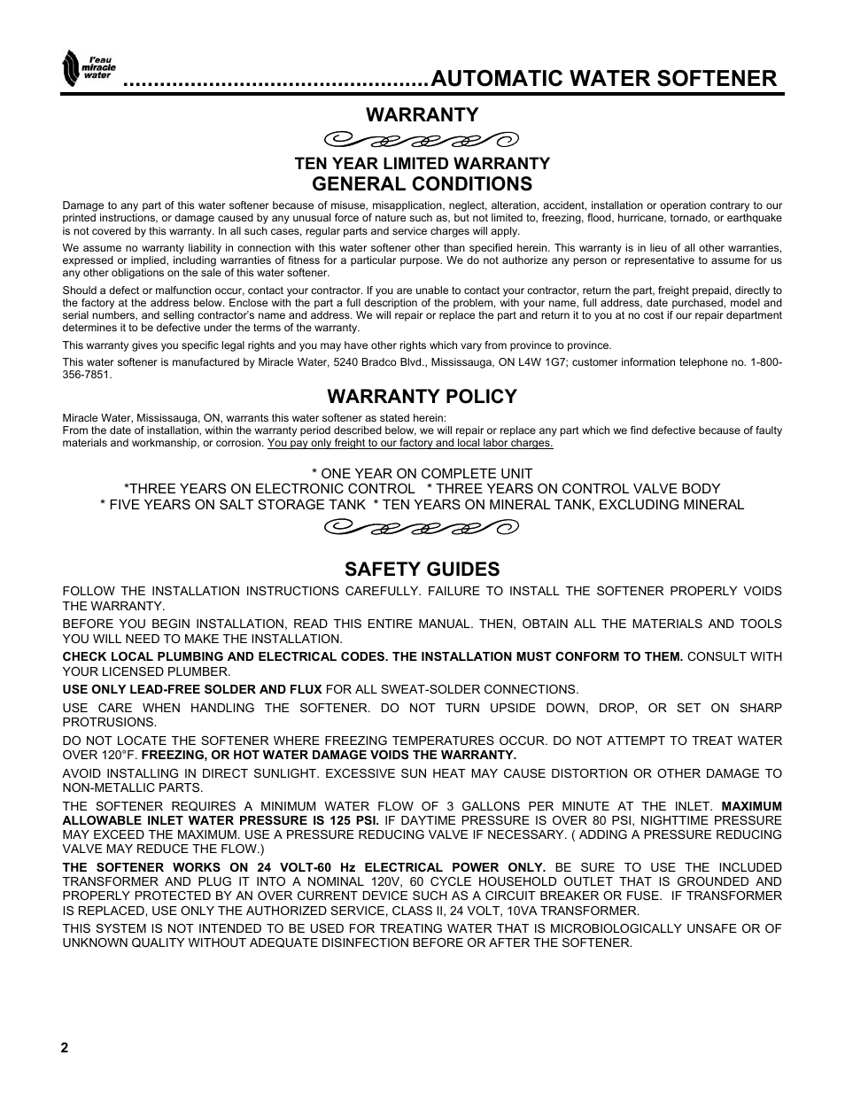 Mw-40-2.pdf, Automatic water softener, Warranty | General conditions, Warranty policy, Safety guides | EcoPure MW_MW40_450216A User Manual | Page 2 / 31