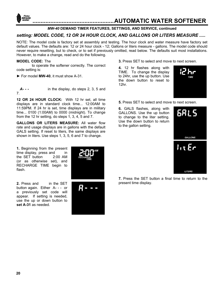 Automatic water softener | EcoPure MW_MW40_450216A User Manual | Page 20 / 31