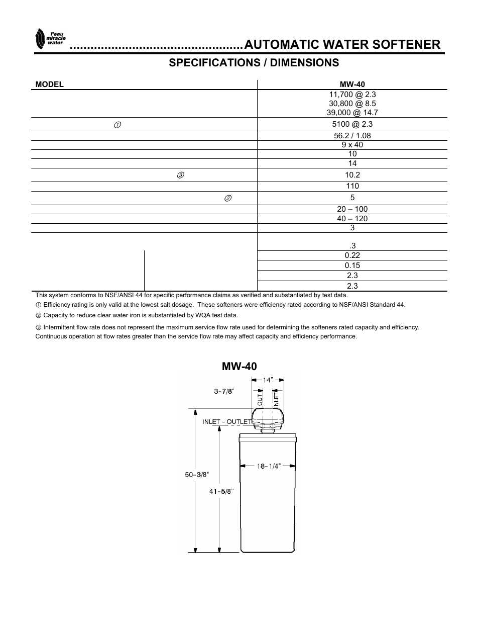 Automatic water softener, Specifications / dimensions, Mw-40 | EcoPure MW_MW40_450216A User Manual | Page 4 / 31