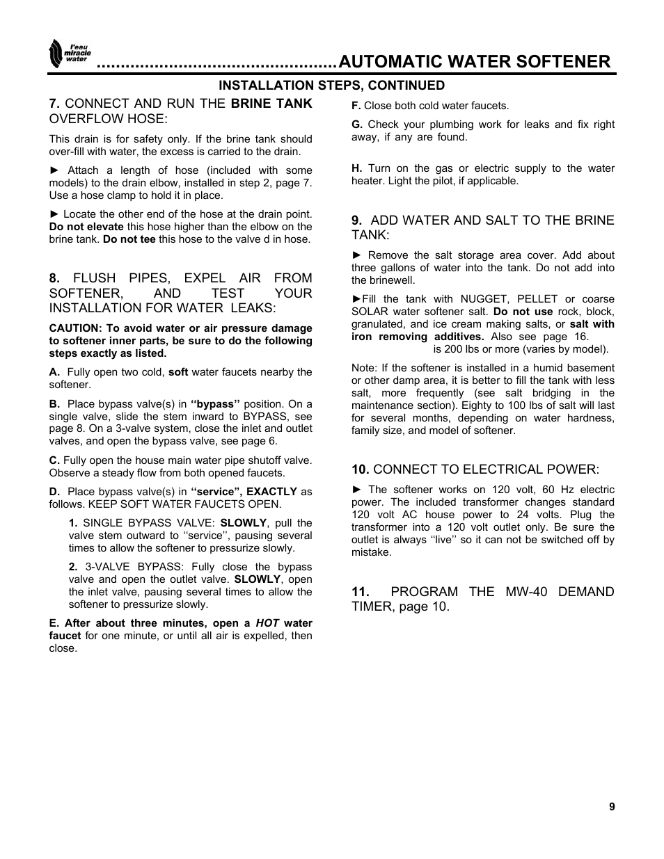Automatic water softener | EcoPure MW_MW40_450216A User Manual | Page 9 / 31