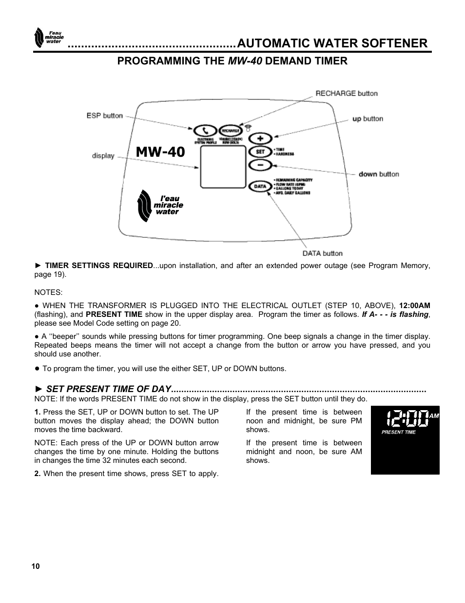 Mw-40, Automatic water softener, Programming the mw-40 demand timer | EcoPure MW_MW40_450216 User Manual | Page 10 / 31