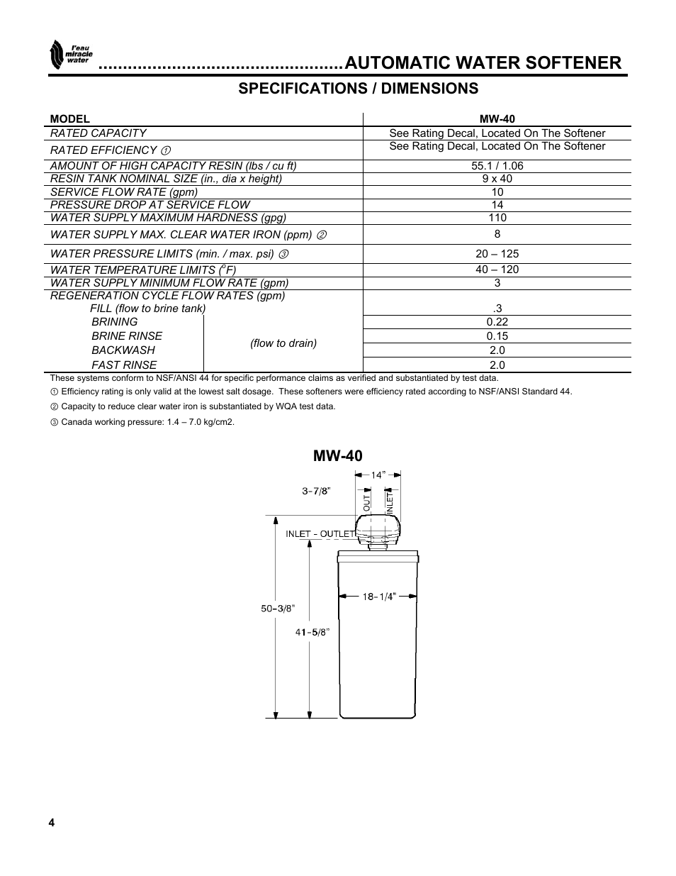 Automatic water softener, Specifications / dimensions, Mw-40 | EcoPure MW_MW40_450216 User Manual | Page 4 / 31