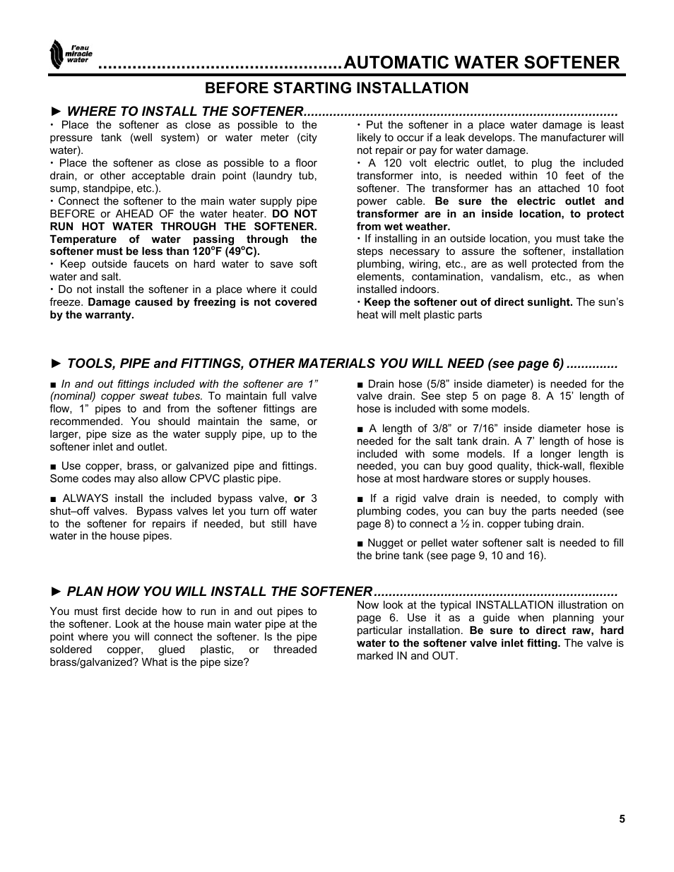 Automatic water softener, Before starting installation | EcoPure MW_MW40_450216 User Manual | Page 5 / 31