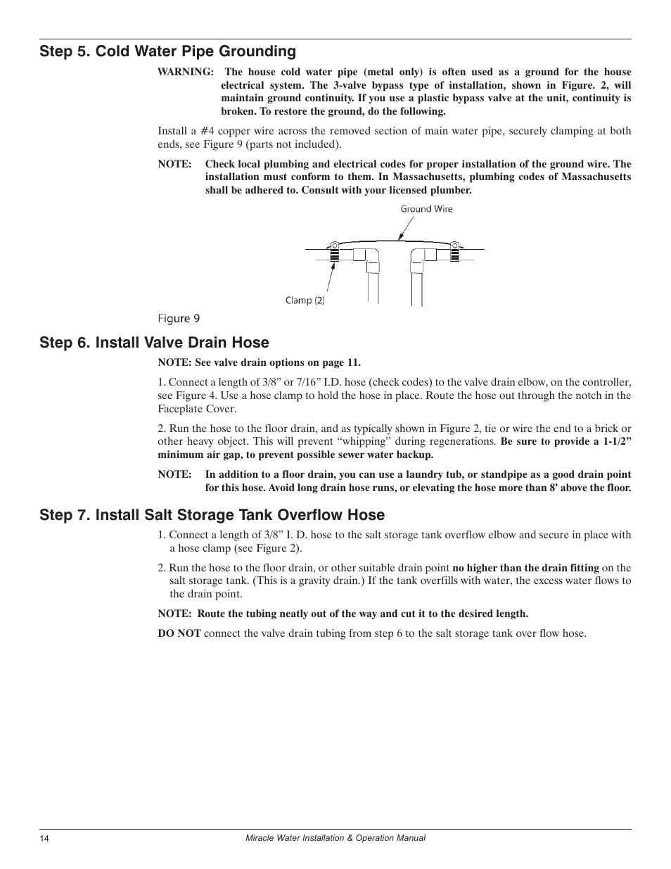 Step 5. cold water pipe grounding, Step 6. install valve drain hose, Step 7. install salt storage tank overflow hose | EcoPure MW_MW30_450224 User Manual | Page 14 / 30