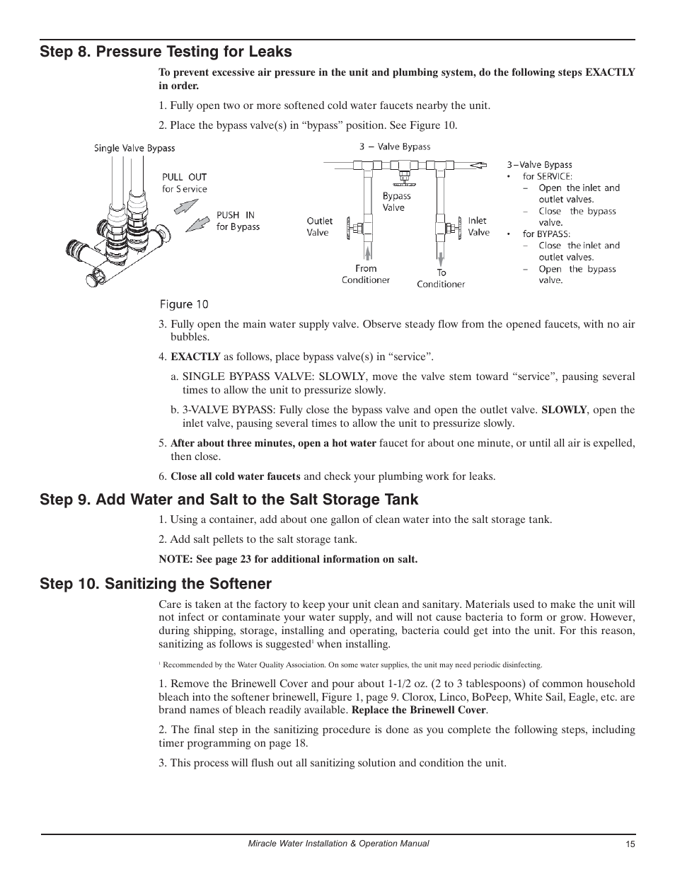 Step 8. pressure testing for leaks, Step 10. sanitizing the softener | EcoPure MW_MW30_450224 User Manual | Page 15 / 30