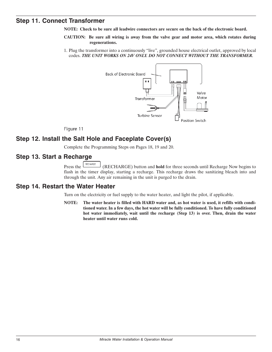 Step 11. connect transformer, Step 13. start a recharge, Step 14. restart the water heater | EcoPure MW_MW30_450224 User Manual | Page 16 / 30