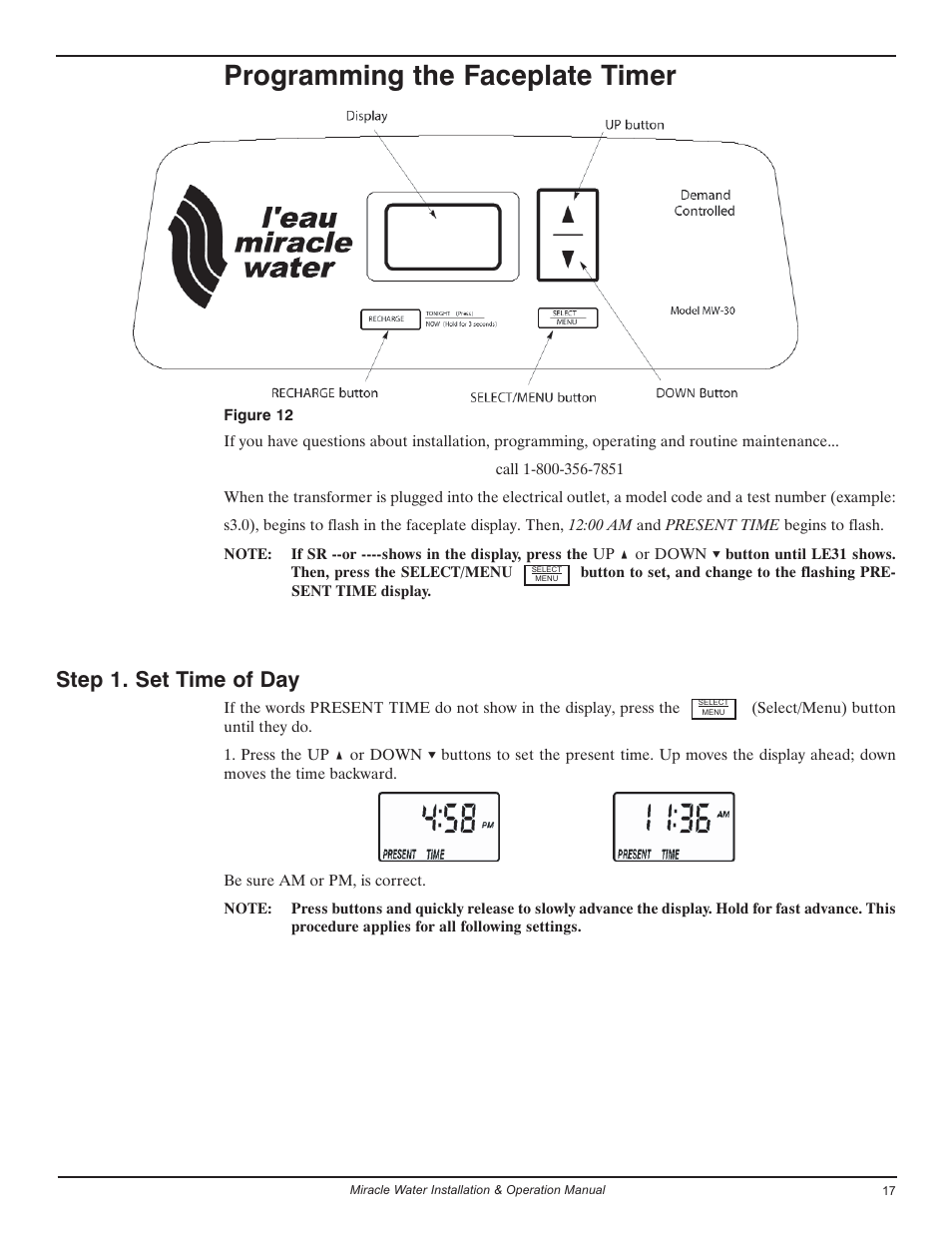 Programming the faceplate timer, Step 1. set time of day | EcoPure MW_MW30_450224 User Manual | Page 17 / 30