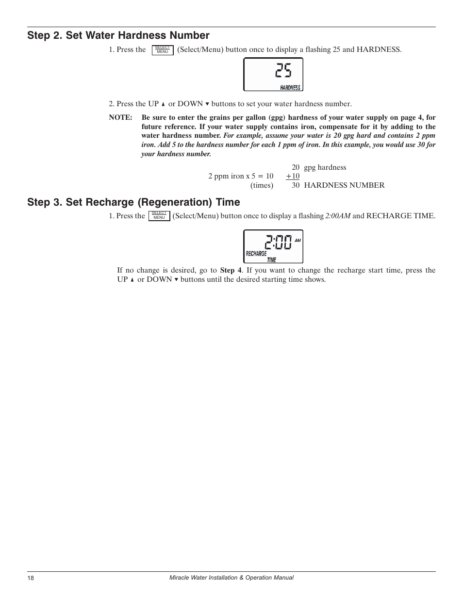 Step 2. set water hardness number, Step 3. set recharge (regeneration) time | EcoPure MW_MW30_450224 User Manual | Page 18 / 30