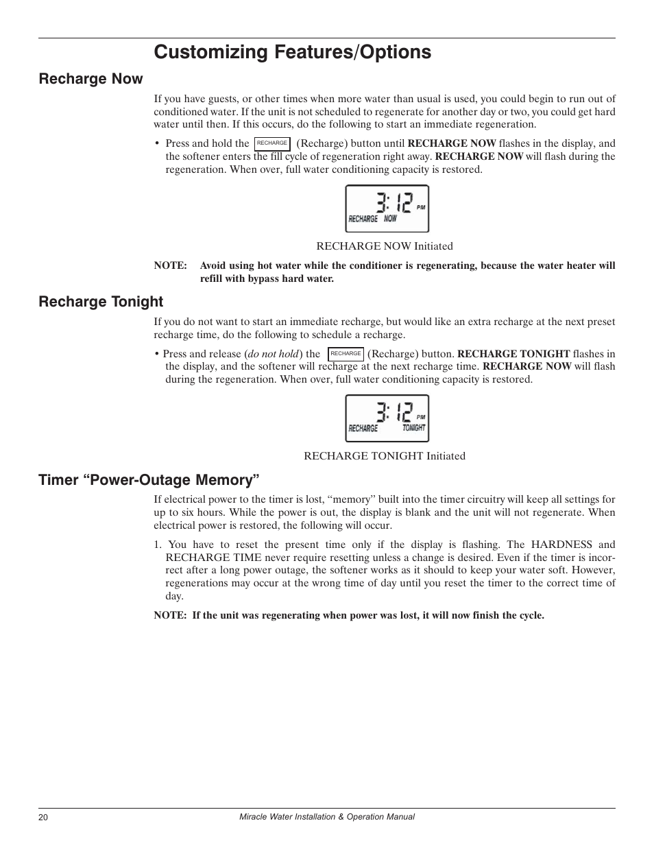 Customizing features/options, Recharge now, Recharge tonight | EcoPure MW_MW30_450224 User Manual | Page 20 / 30