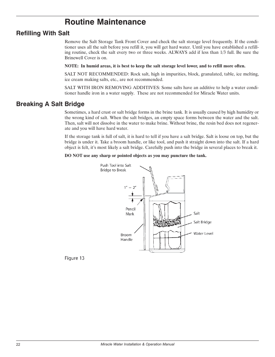 Routine maintenance, Refilling with salt, Breaking a salt bridge | EcoPure MW_MW30_450224 User Manual | Page 22 / 30
