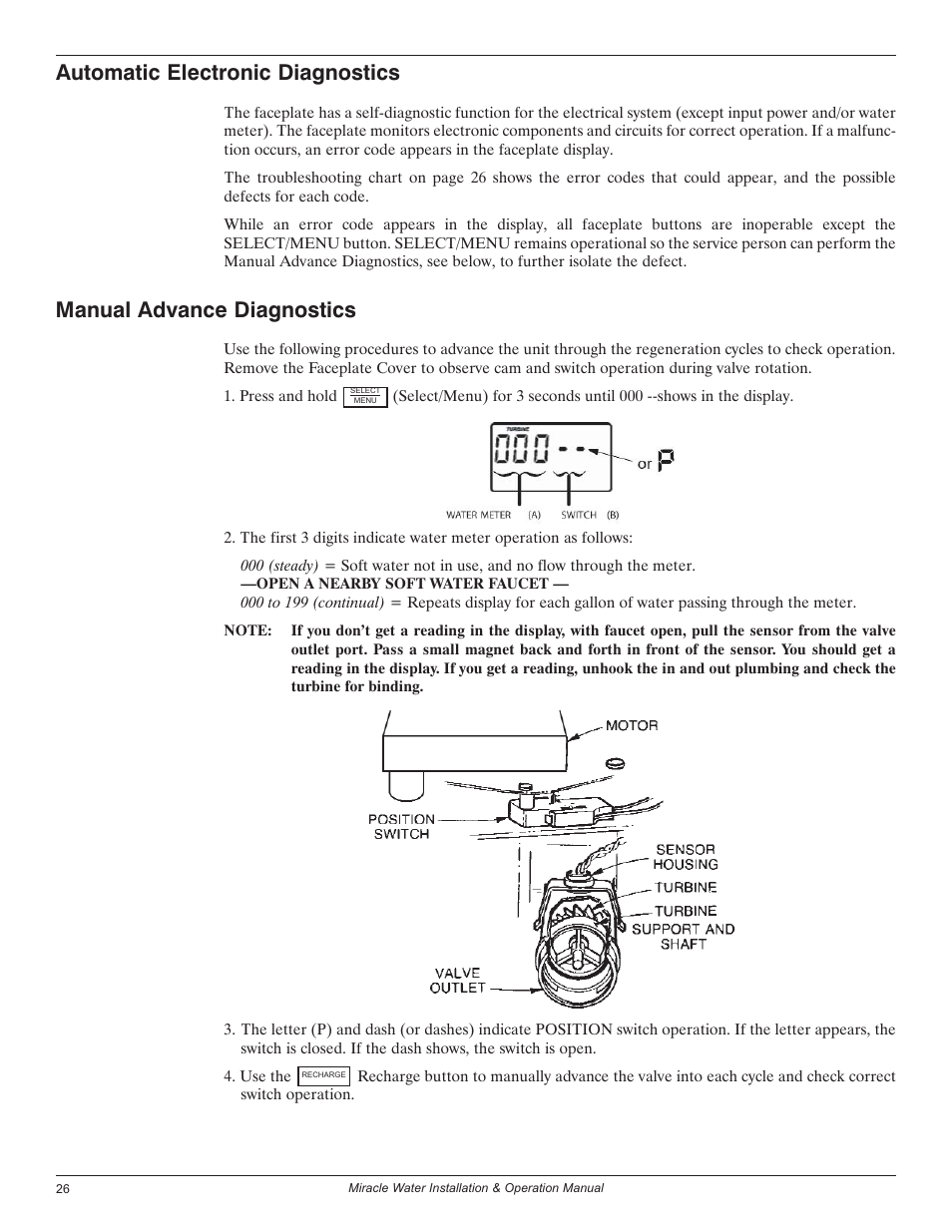 Automatic electronic diagnostics, Manual advance diagnostics | EcoPure MW_MW30_450224 User Manual | Page 26 / 30